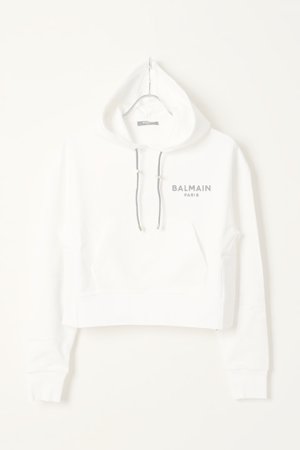 画像1:   BALMAIN バルマン BF1 JERSEY BALMAIN FLOCK DETAIL CROPPED HOODIE{-BCS}