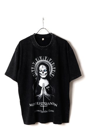 画像1: Marilyn Manson Print Round Neck T-shirt{-BFS}