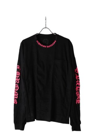 画像1: CHROME HEARTS ロングスリーブ ポケットクルーネックTシャツ ブラック×ピンク{-BEA}