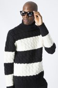 ▽ 50%OFF アウトレットセール77,000円→38,500円▽ 1piu1uguale3 ウノピゥウノウグァーレトレ WOOL CASHMERE 【BORDER】 BIG CABLE TURTLE{MRK043-WCA010-9912-AEA}