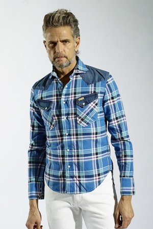 画像1: 【 ポイント10倍 】1piu1uguale3 ウノピゥウノウグァーレトレ WRANGLER COLLECTION CHECK/DENIM western combi shirts{MRS056-CTL011-54-AFS}