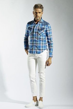 画像2: 【 ポイント10倍 】1piu1uguale3 ウノピゥウノウグァーレトレ WRANGLER COLLECTION CHECK/DENIM western combi shirts{MRS056-CTL011-54-AFS}