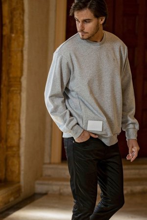 画像6: 1piu1uguale3 RELAX ウノピゥウノウグァーレトレ リラックス レザーパッチスウェットクルーネックプルオーバー{-BEA}