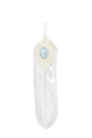 画像1:  {SOLD} Taro Washimi タロウ ワシミ 鷲見太郎 turquoise × K18 cup(6×8) L K18 flight heart feather 01 × L arabesque flight feather 01 {-BJS}  :WT-PENDANT-54-F 