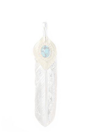 画像1:  {SOLD} Taro Washimi タロウ ワシミ 鷲見太郎 turquoise × K18 cup(6×8) L K18 flight heart feather 02 × L arabesque flight feather 02 {-BJS}  :WT-PENDANT-55-F 