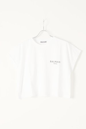 画像1:   BALMAIN バルマン BF2 CROPPED SS BALMAIN FLOCK DETAIL T-SHIRT{XF0EE005BB01-GAB-BBS}