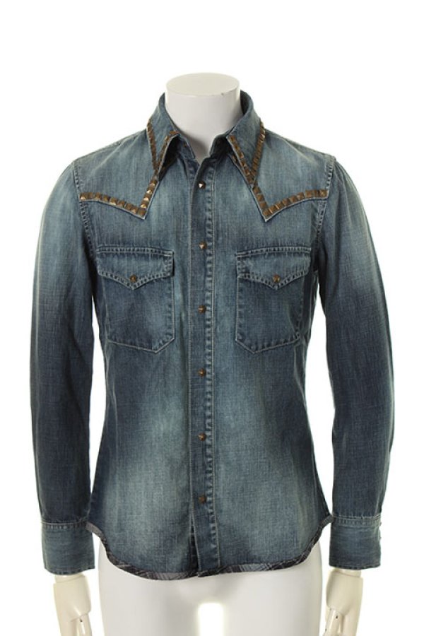 画像1: 【 50%OFF セール59,400円→29,700円】 ISAMU KATAYAMA BACKLASH イサムカタヤマバックラッシュ ASH ライトオンスデニム+ピッグレザー スタッズウエスタンシャツ{-AFA} (1)