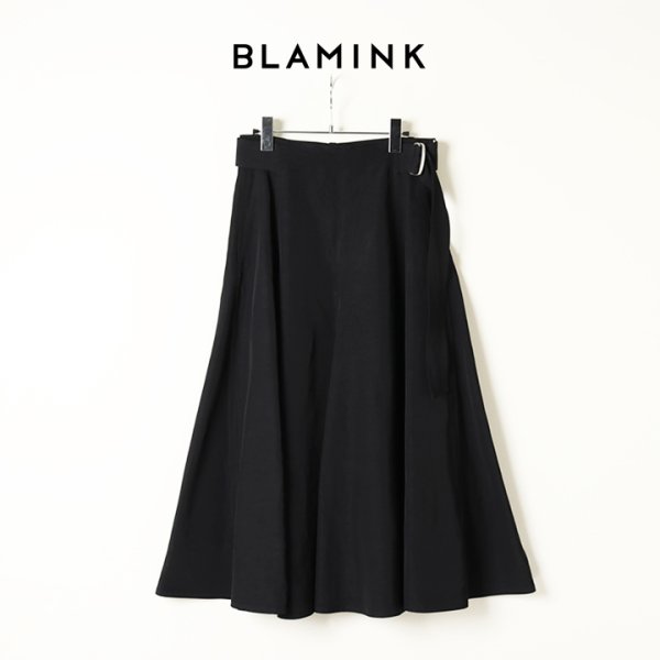 画像1: BLAMINK ブラミンク レーヨンリネンサイドベルトフレアスカート{7924-299-0248-BLK-BAS} (1)