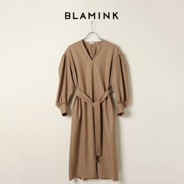 画像1: BLAMINK ブラミンク ウールVネックロングスリーブワンピース{7926-230-0233-BEG-BJA} (1)