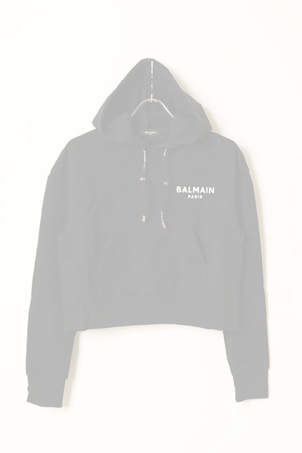 画像1:   BALMAIN バルマン BF1 JERSEY BALMAIN FLOCK DETAIL CROPPED HOODIE{-BCS} (1)