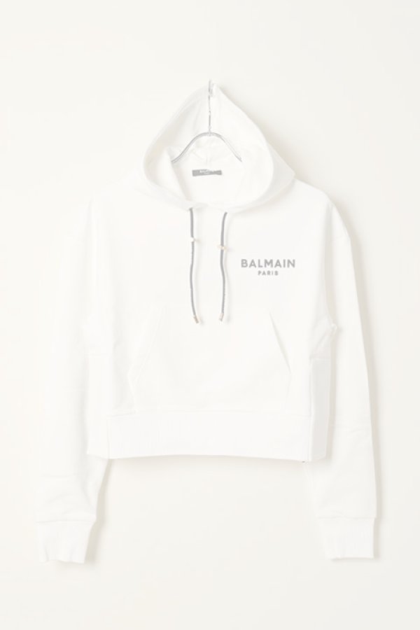 画像1:   BALMAIN バルマン BF1 JERSEY BALMAIN FLOCK DETAIL CROPPED HOODIE{-BCS} (1)