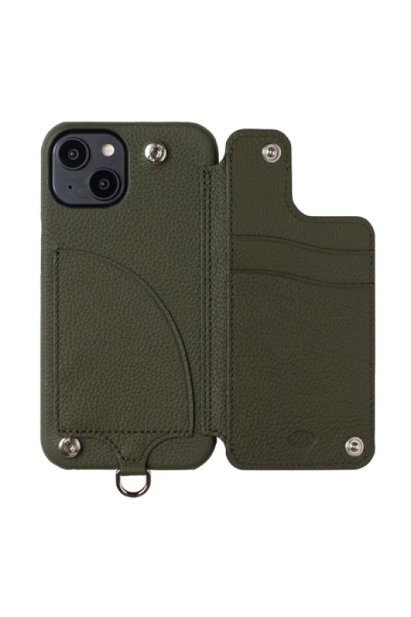 DEMIUデミュウ カーキ ポシェフラットiPhone14用ケース ストラップ