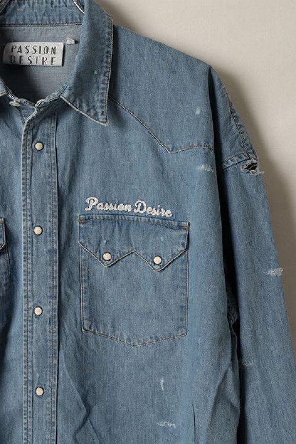 画像3: el conductorH コンダクター DISTRESSED DENIM COWBOY SHIRT{-BDS} (3)
