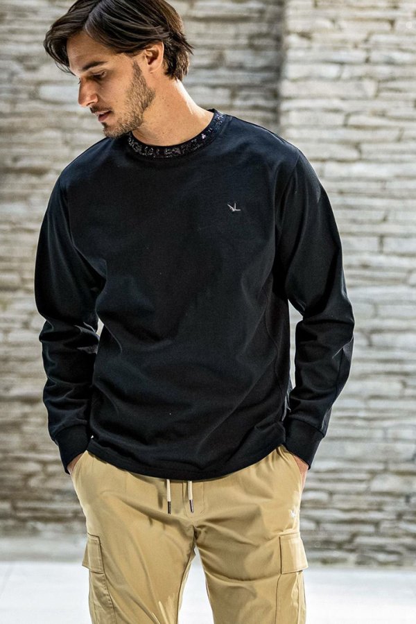 画像5: 1piu1uguale3 RELAX ウノピゥウノウグァーレトレ リラックス ラインストーンネックロゴロングTシャツ{-BEA} (5)