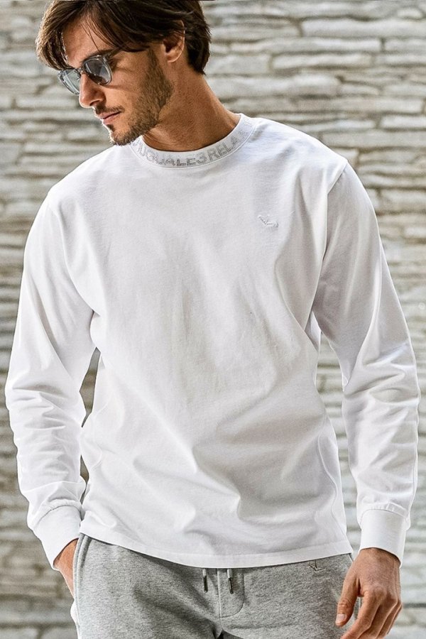画像1: 1piu1uguale3 RELAX ウノピゥウノウグァーレトレ リラックス ラインストーンネックロゴロングTシャツ{-BEA} (1)