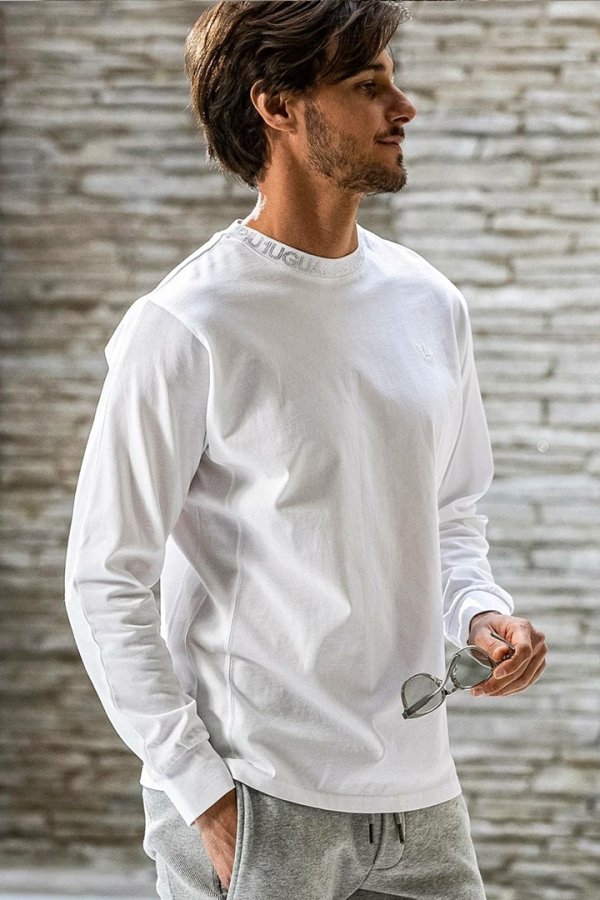 画像2: 1piu1uguale3 RELAX ウノピゥウノウグァーレトレ リラックス ラインストーンネックロゴロングTシャツ{-BEA} (2)