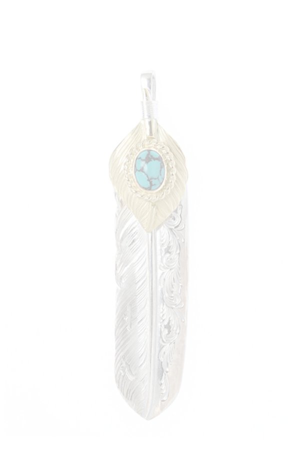 画像1:  {SOLD} Taro Washimi タロウ ワシミ 鷲見太郎 turquoise × K18 cup(6×8) L K18 flight heart feather 02 × L arabesque flight feather 02 {-BJS}  :WT-PENDANT-55-F  (1)