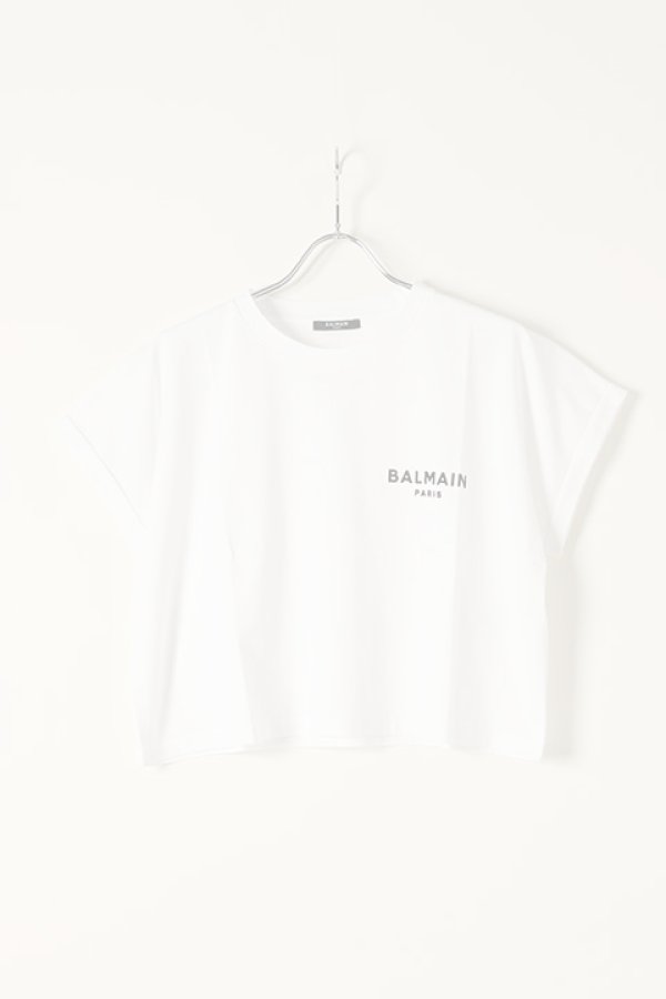 画像1:   BALMAIN バルマン BF2 CROPPED SS BALMAIN FLOCK DETAIL T-SHIRT{XF0EE005BB01-GAB-BBS} (1)