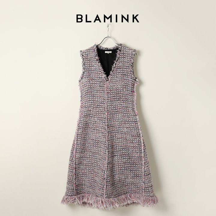 BLAMINK ブラミンク ツイードVネックノースリーブワンピース{7926-230